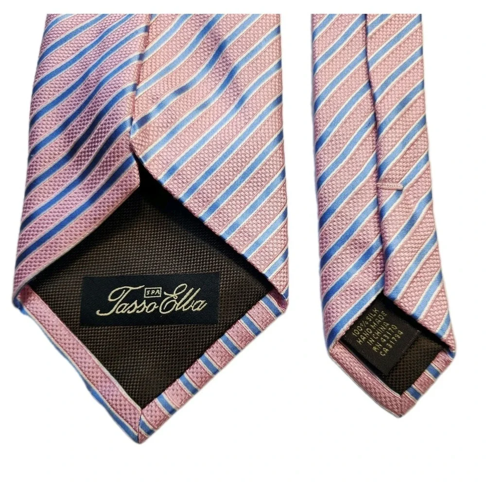 Tasso Elba 100% Silk Striped Repp Tie Hand‎ Made Pink Blue Stripes Mens Necktie